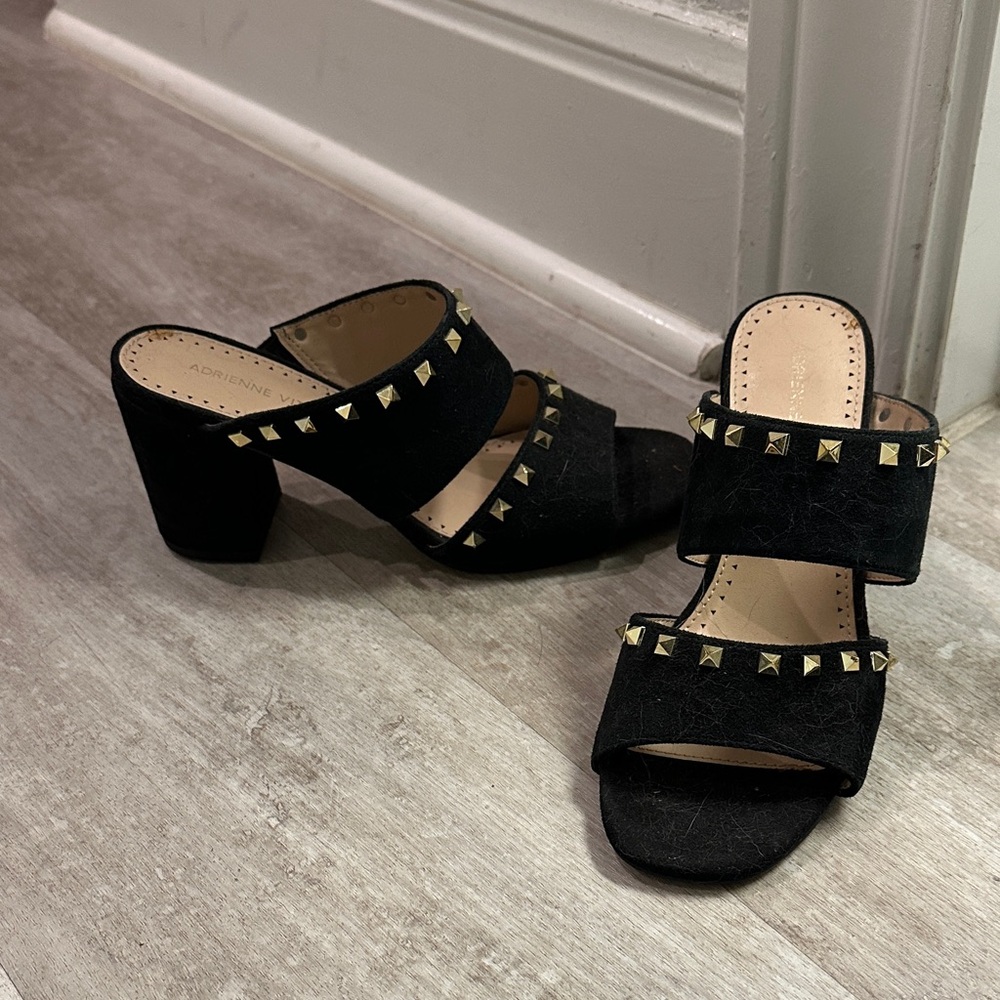 Adrienne Vittadini Black and Gold Studded Mules